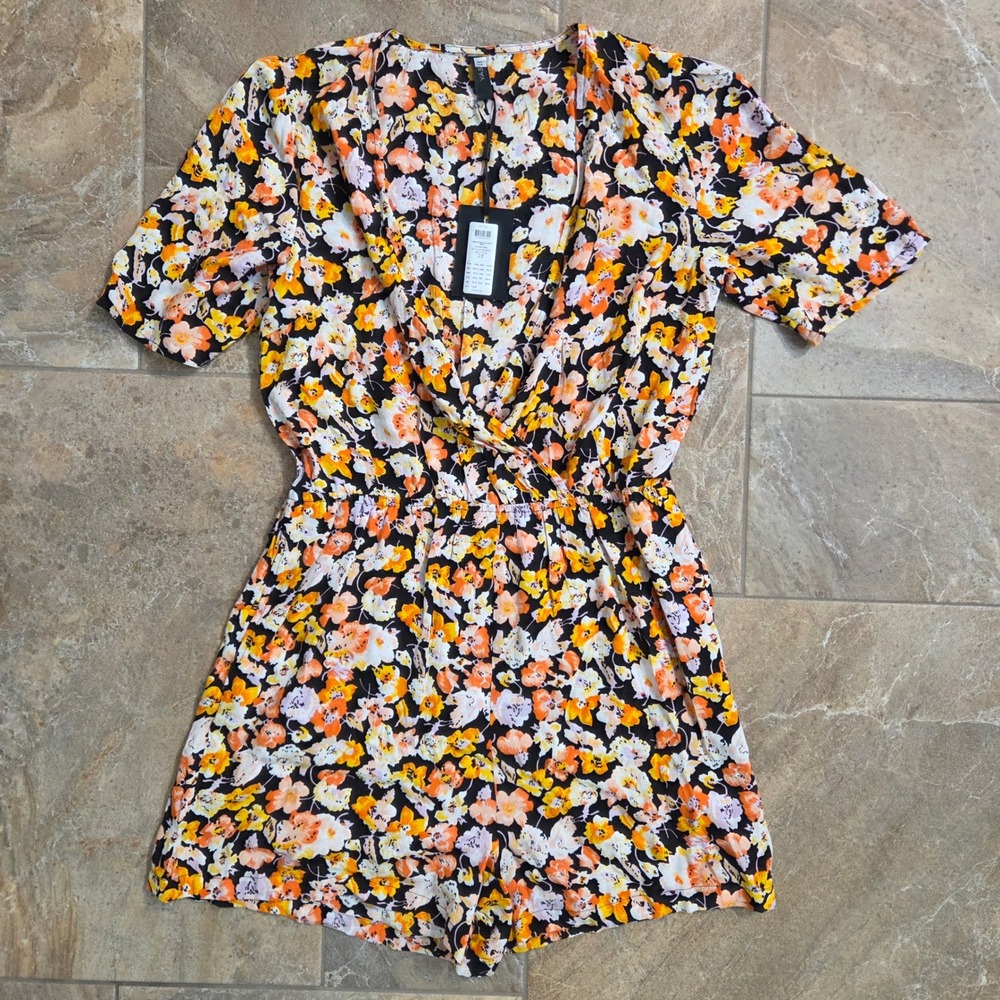 Y.A.S Yasinta SS Playsuit D2D Floral‎ Romper Black Orange Yellow Boho Medium NWT